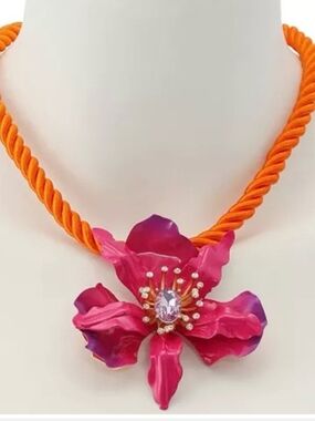Betsey Johnson Pink Flower Statement Necklace with Orange Rope Bnwt HL